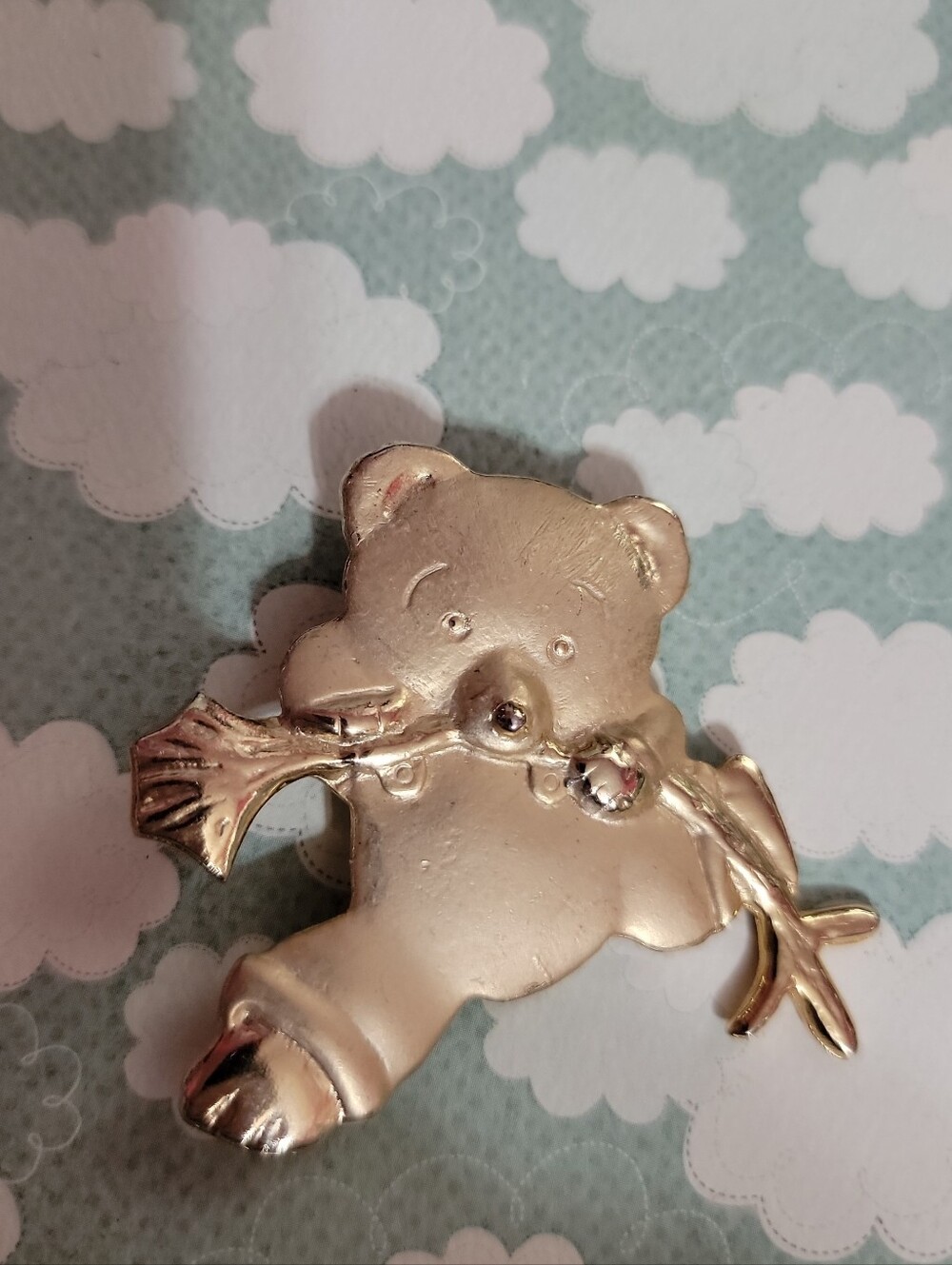 Vintage Teddy Bear Wearing Overalls Brooch with Branch Accent Gold Tone 2"